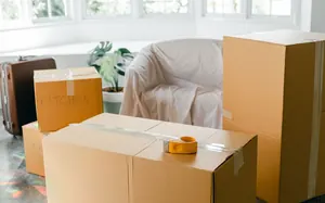 Packed moving boxes labelled Kitchen and Fragile in an empty, sunlit room
